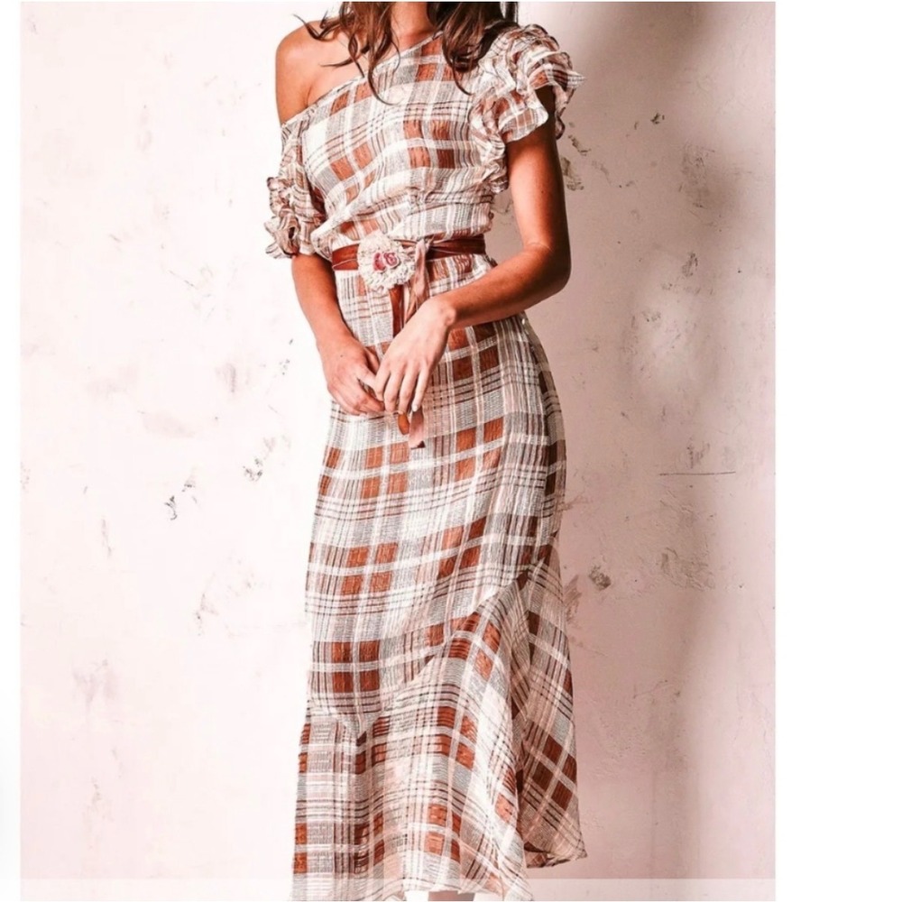 LoveShackFancy Sloane Silk Maxi Dress Brown Ivory Plaid Ruffle - Small